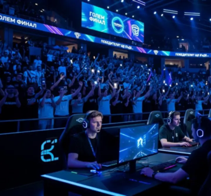Голяма Esports арена с осветена сцена и публика