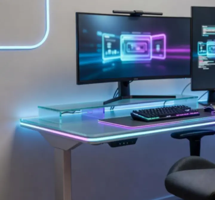 Модерен домашен гейминг сетъп с монитор, клавиатура и RGB осветление